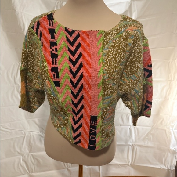 Urban Outfitters Tops - Urban Outfitters Pink and Green Asymmetrical 3/4 Sleeve Crop Top Sweater